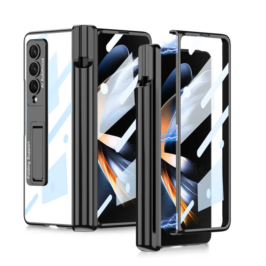 Galaxy Uyumlu Z Fold 4 Kılıf Zore Kıpta Standlı Kalem Bölmeli Kapak-Siyah