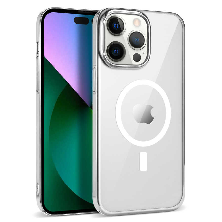 iPhone Uyumlu 13 Pro Kılıf Zore Wireless Şarj Özellikli Pixel M-safe Kapak-Gümüş
