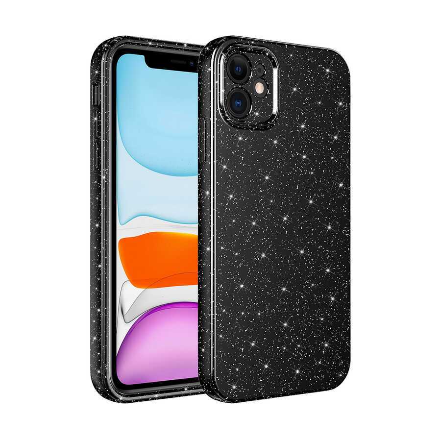 iPhone Uyumlu 12 Kılıf Kamera Korumalı Simli Lüks Zore Koton Kapak-Siyah