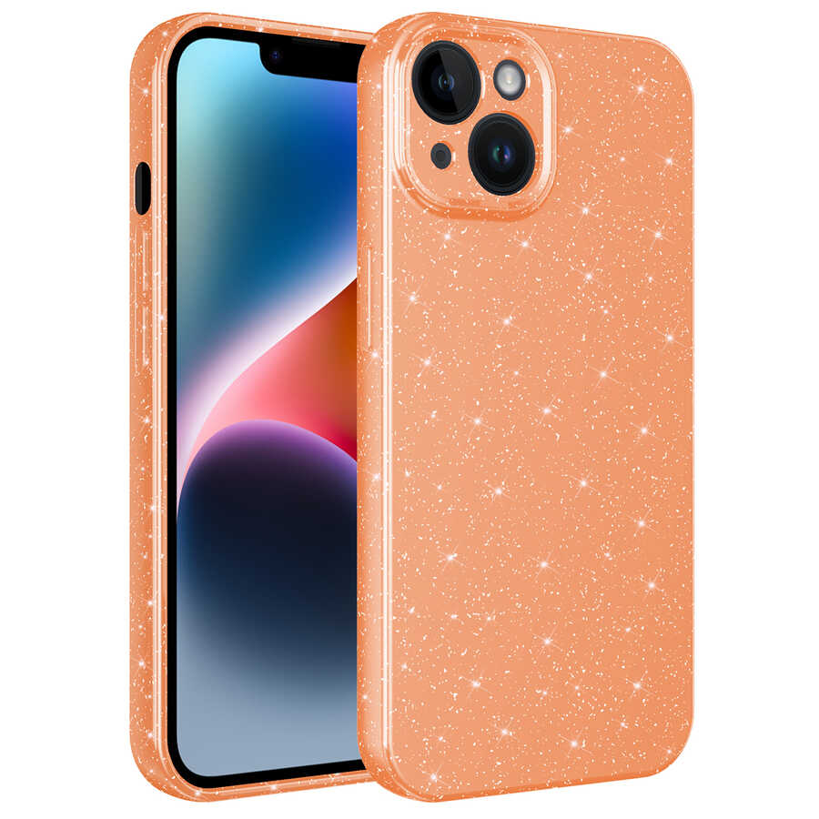 iPhone Uyumlu 13 Kılıf Kamera Korumalı Simli Lüks Zore Koton Kapak-Turuncu