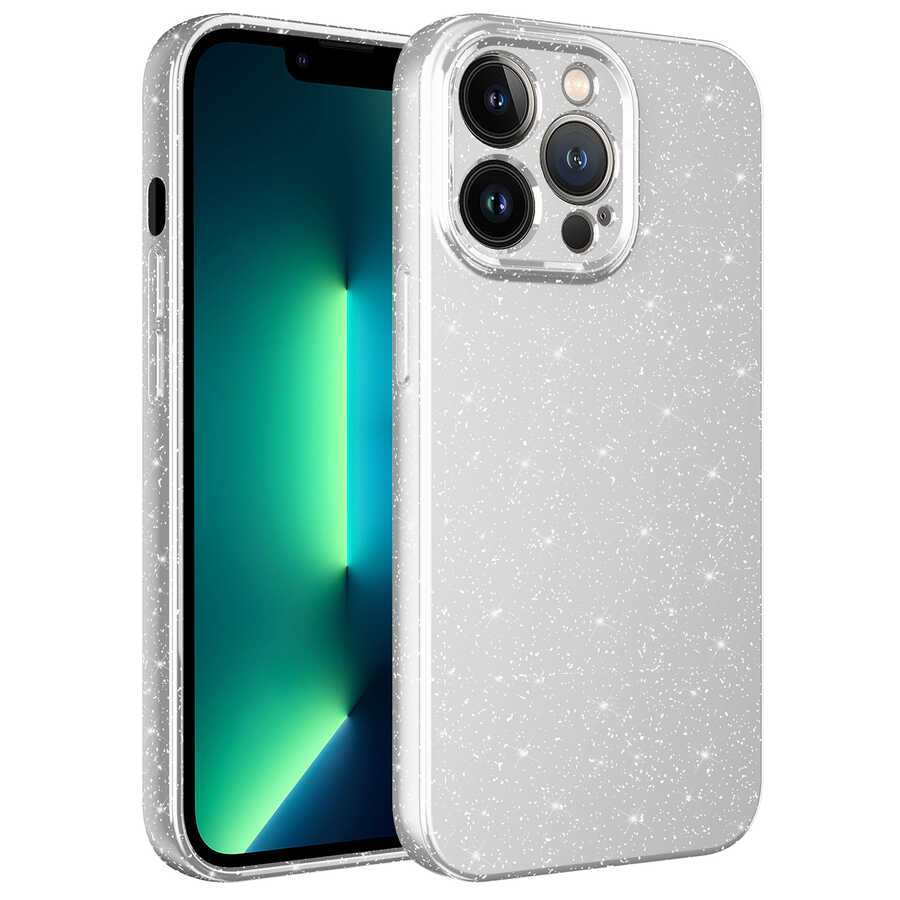 iPhone Uyumlu 13 Pro Kılıf Kamera Korumalı Simli Lüks Zore Koton Kapak-Beyaz