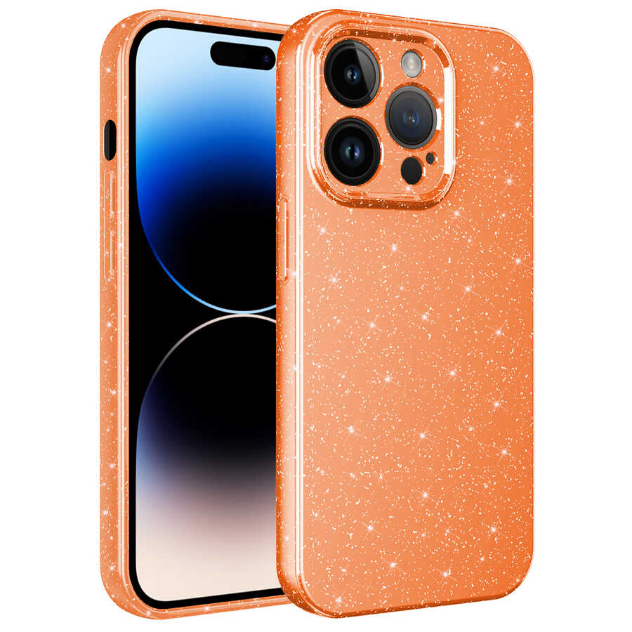 iPhone Uyumlu 14 Pro Kılıf Kamera Korumalı Simli Lüks Zore Koton Kapak-Turuncu