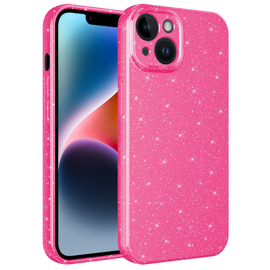 iPhone Uyumlu 14 Plus Kılıf Kamera Korumalı Simli Lüks Zore Koton Kapak-Pembe koyu
