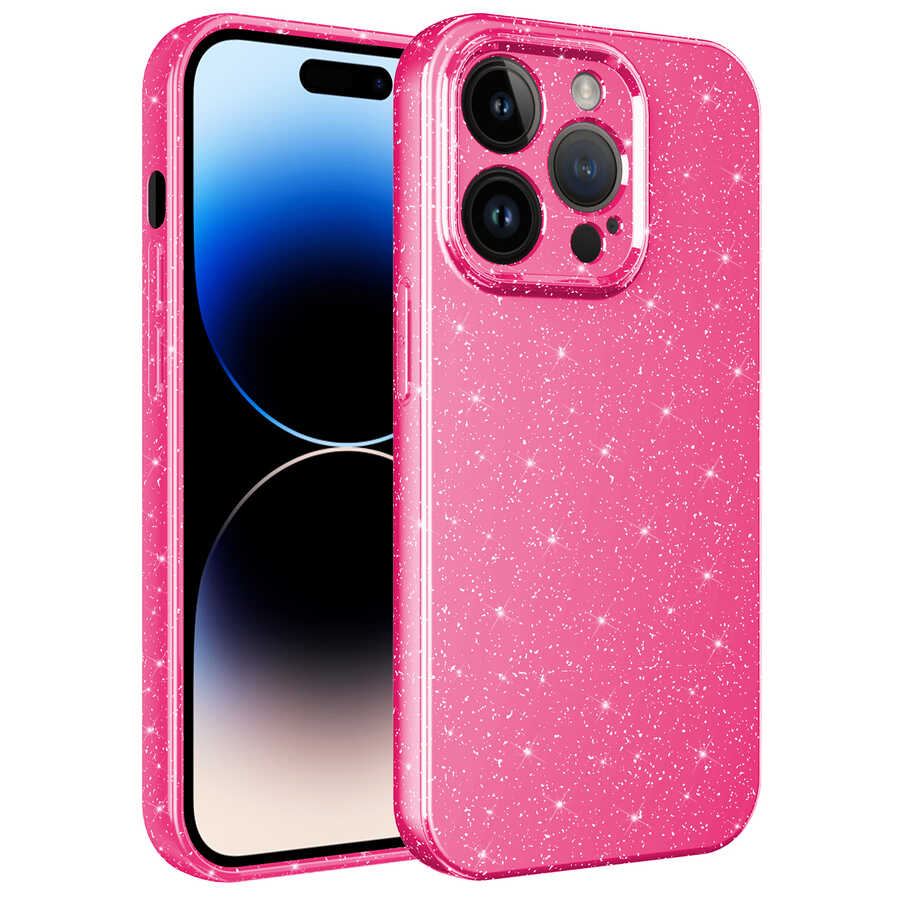 iPhone Uyumlu 14 Pro Max Kılıf Kamera Korumalı Simli Lüks Zore Koton Kapak-Pembe koyu