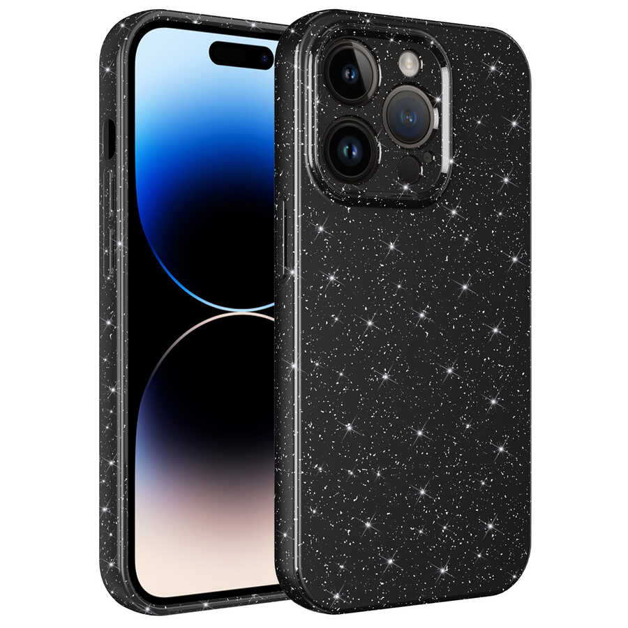 iPhone Uyumlu 14 Pro Max Kılıf Kamera Korumalı Simli Lüks Zore Koton Kapak-Siyah