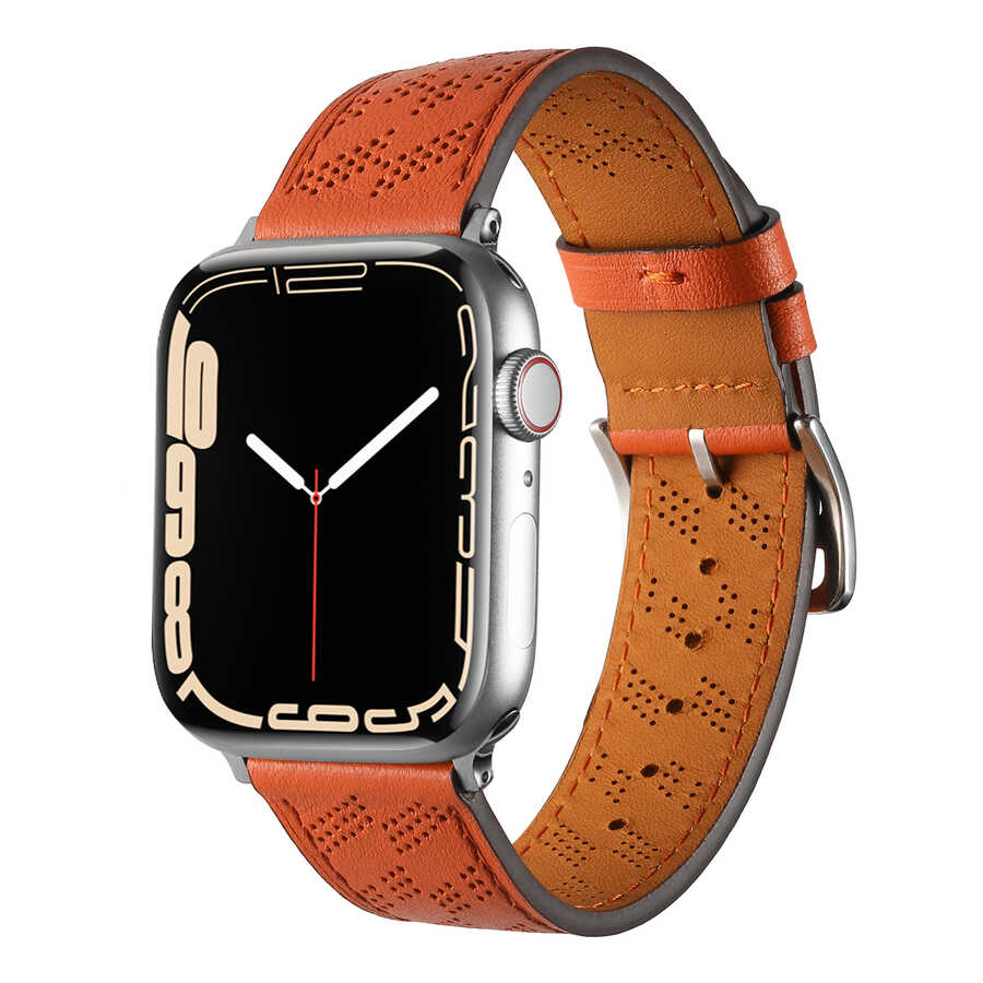 ​​​  Watch Ultra 49mm KRD-76 PU Deri Kordon Strap Kayış-Turuncu