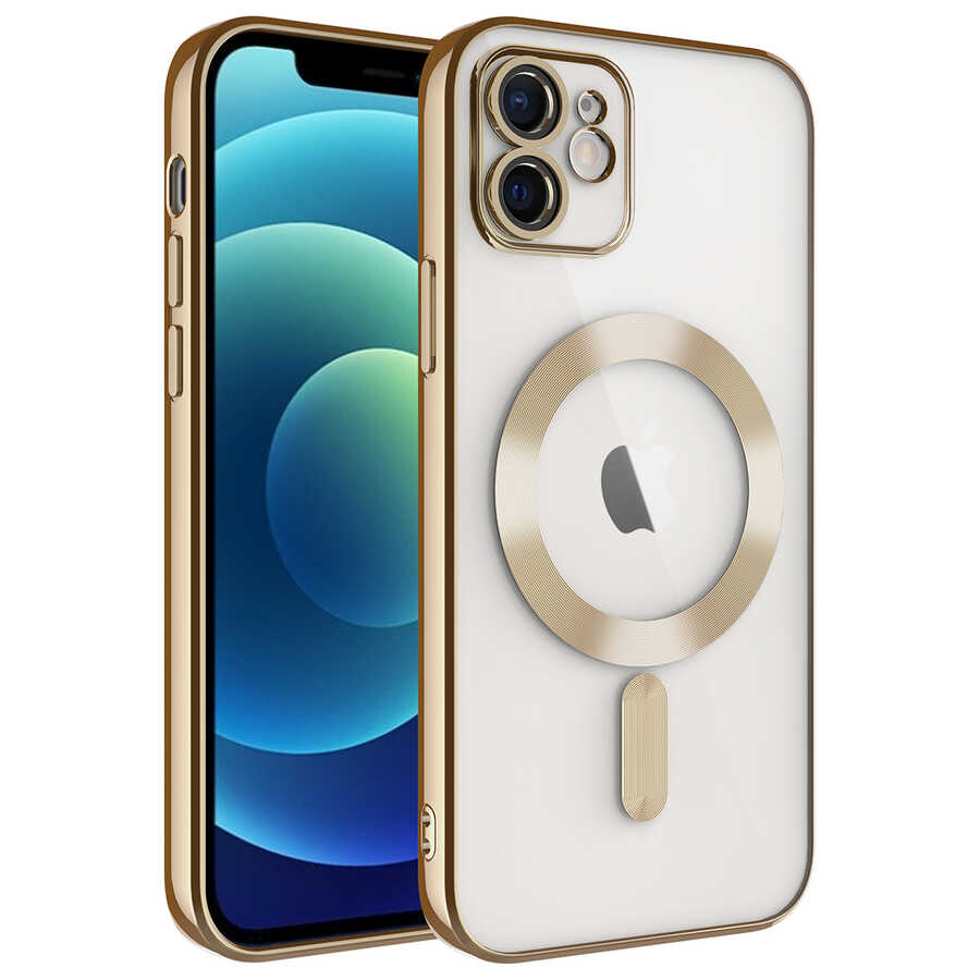iPhone Uyumlu 11 Kılıf Kamera Korumalı M-safe Wireless Şarj Özellikli Zore Demre Kapak-Gold