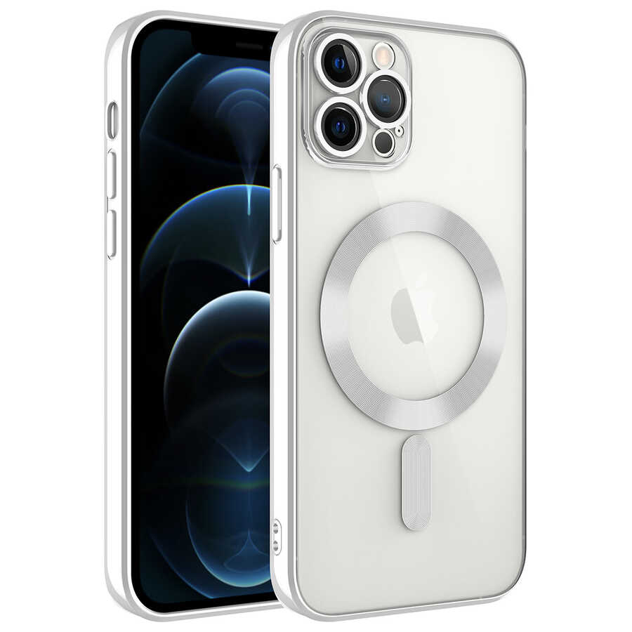iPhone Uyumlu 11 Pro Max Kılıf Kamera Korumalı M-safe Wireless Şarj Özellikli Zore Demre Kapak-Gümüş