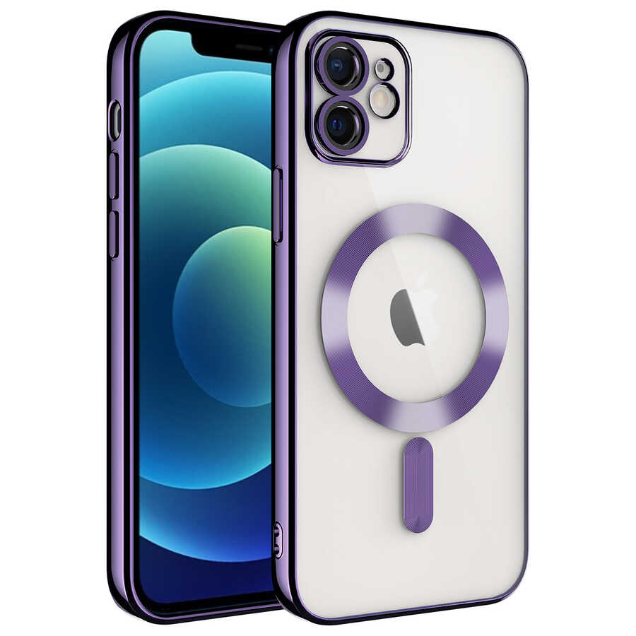 iPhone Uyumlu 12 Kılıf Kamera Korumalı M-safe Wireless Şarj Özellikli Zore Demre Kapak-Derin mor