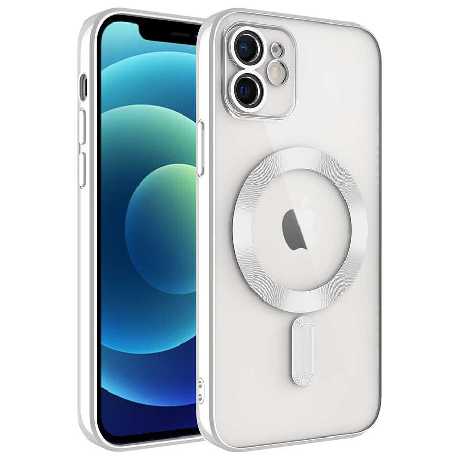 iPhone Uyumlu 12 Kılıf Kamera Korumalı M-safe Wireless Şarj Özellikli Zore Demre Kapak-Gümüş