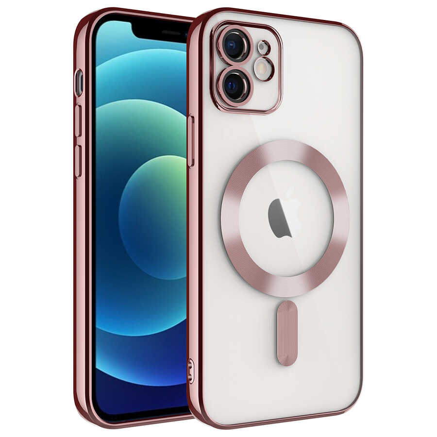 iPhone Uyumlu 12 Kılıf Kamera Korumalı M-safe Wireless Şarj Özellikli Zore Demre Kapak-Rose gold