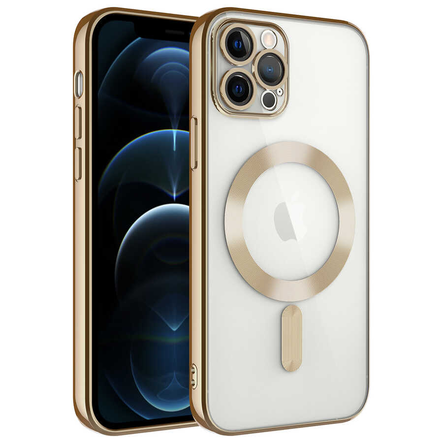 iPhone Uyumlu 12 Pro Kılıf Kamera Korumalı M-safe Wireless Şarj Özellikli Zore Demre Kapak-Gold