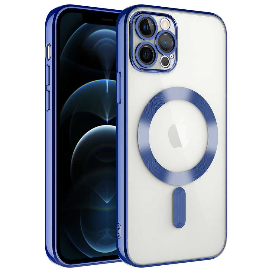 iPhone Uyumlu 12 Pro Max Kılıf Kamera Korumalı M-safe Wireless Şarj Özellikli Zore Demre Kapak-Sierra mavi