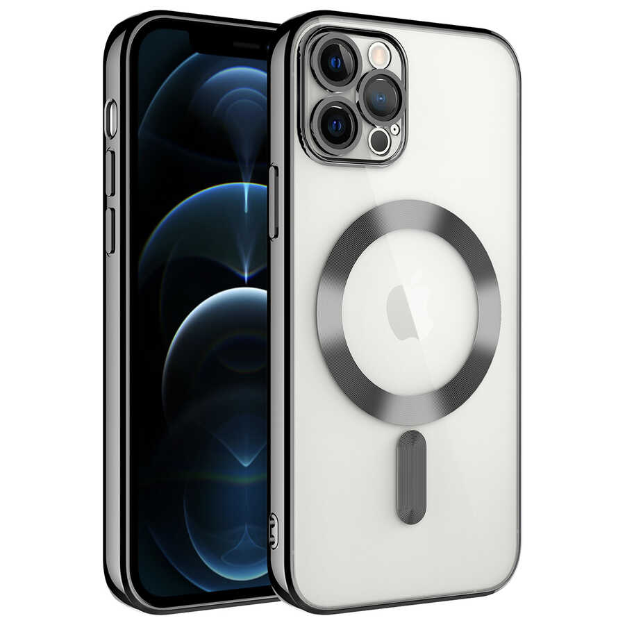 iPhone Uyumlu 12 Pro Max Kılıf Kamera Korumalı M-safe Wireless Şarj Özellikli Zore Demre Kapak-Siyah