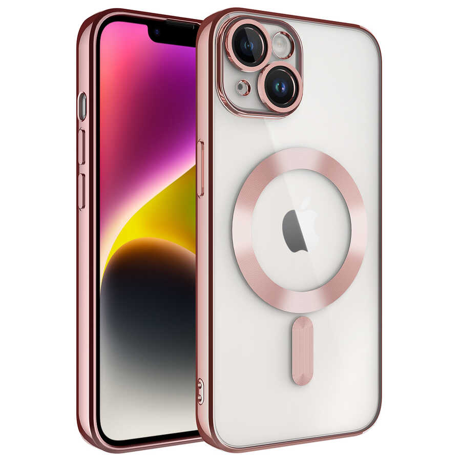 iPhone Uyumlu 13 Kılıf Kamera Korumalı M-safe Wireless Şarj Özellikli Zore Demre Kapak-Rose gold