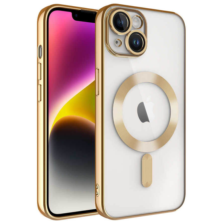 iPhone Uyumlu 14 Plus Kılıf Kamera Korumalı M-safe Wireless Şarj Özellikli Zore Demre Kapak-Gold