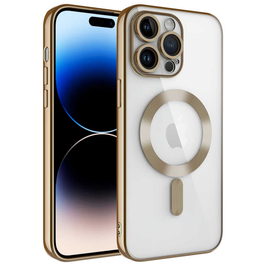 iPhone Uyumlu 14 Pro Kılıf Kamera Korumalı M-safe Wireless Şarj Özellikli Zore Demre Kapak-Gold