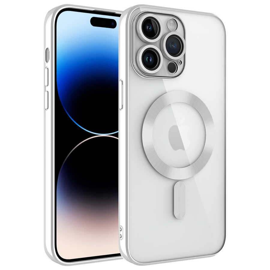 iPhone Uyumlu 14 Pro Kılıf Kamera Korumalı M-safe Wireless Şarj Özellikli Zore Demre Kapak-Gümüş