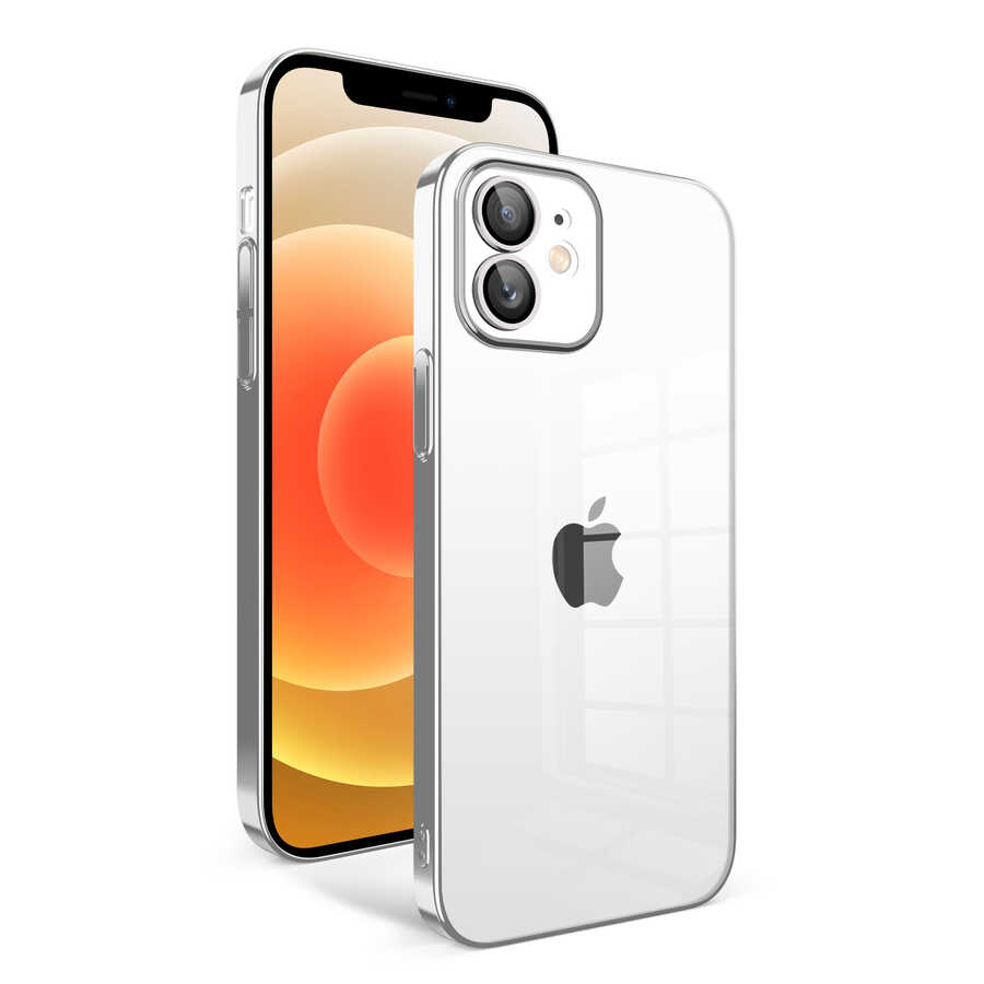 iPhone Uyumlu 12 Kılıf Kamera Korumalı Renkli Çerçeveli Zore Garaj Kapak-Gümüş