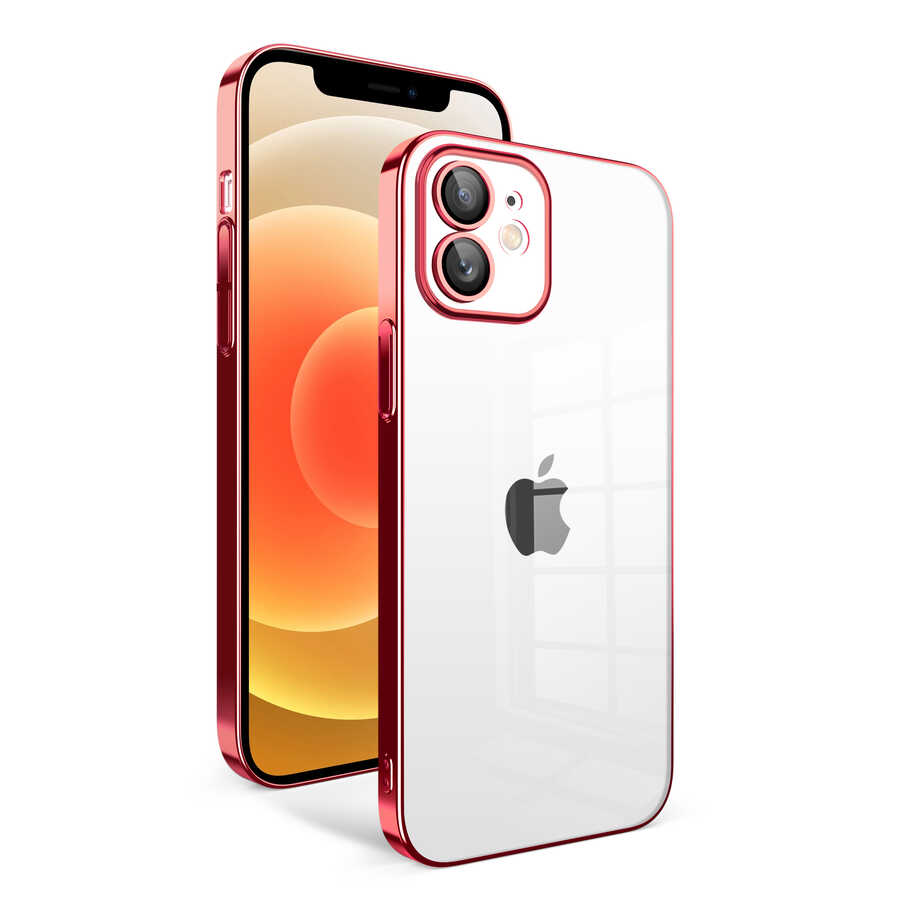 iPhone Uyumlu 12 Kılıf Kamera Korumalı Renkli Çerçeveli Zore Garaj Kapak-Kırmızı