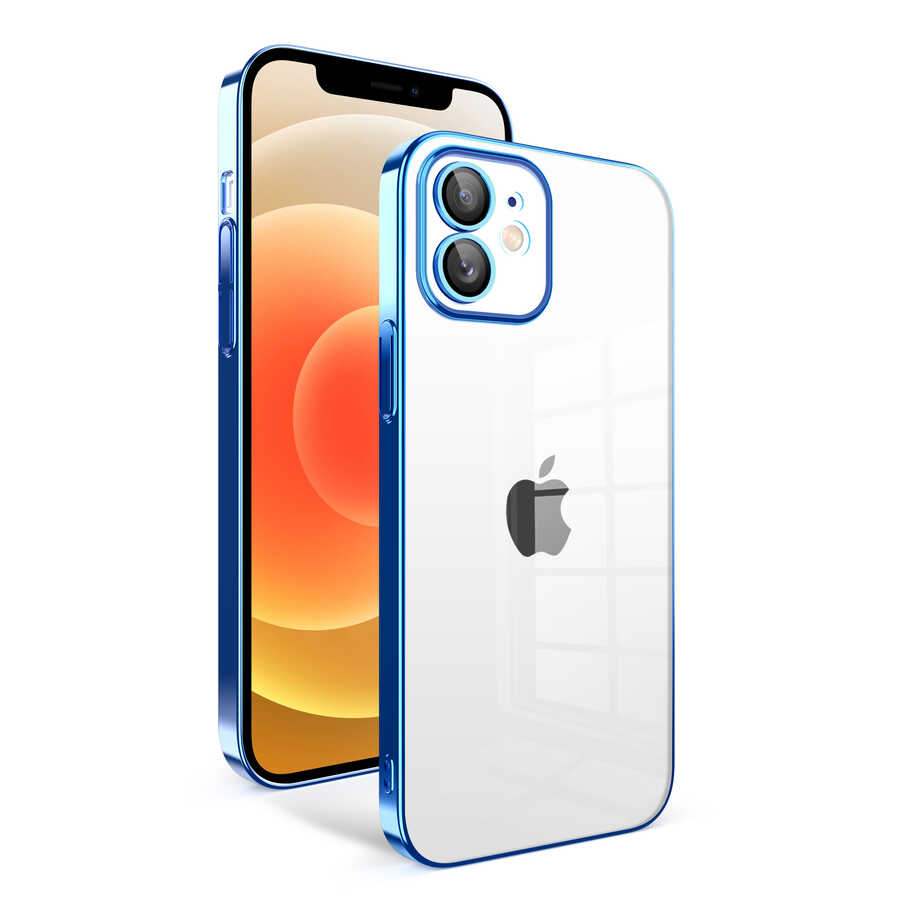 iPhone Uyumlu 12 Kılıf Kamera Korumalı Renkli Çerçeveli Zore Garaj Kapak-Saks mavi