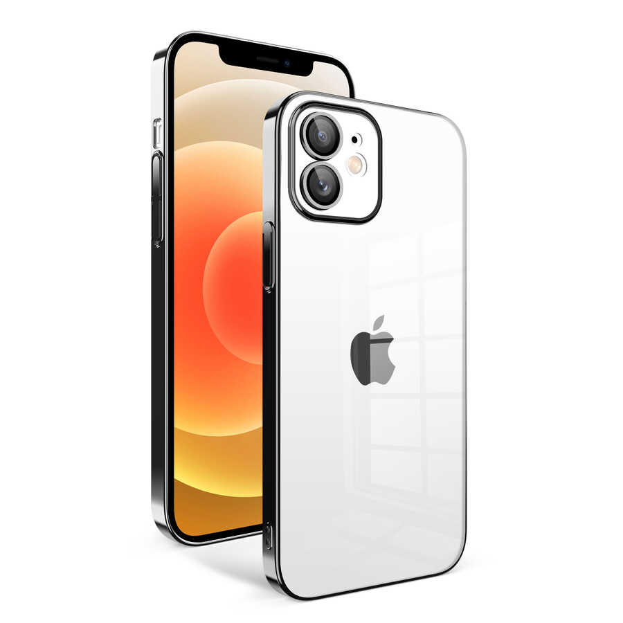 iPhone Uyumlu 12 Kılıf Kamera Korumalı Renkli Çerçeveli Zore Garaj Kapak-Siyah