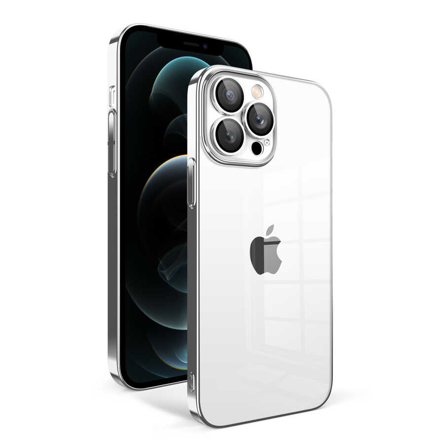 iPhone Uyumlu 12 Pro Max Kılıf Kamera Korumalı Renkli Çerçeveli Zore Garaj Kapak-Gümüş