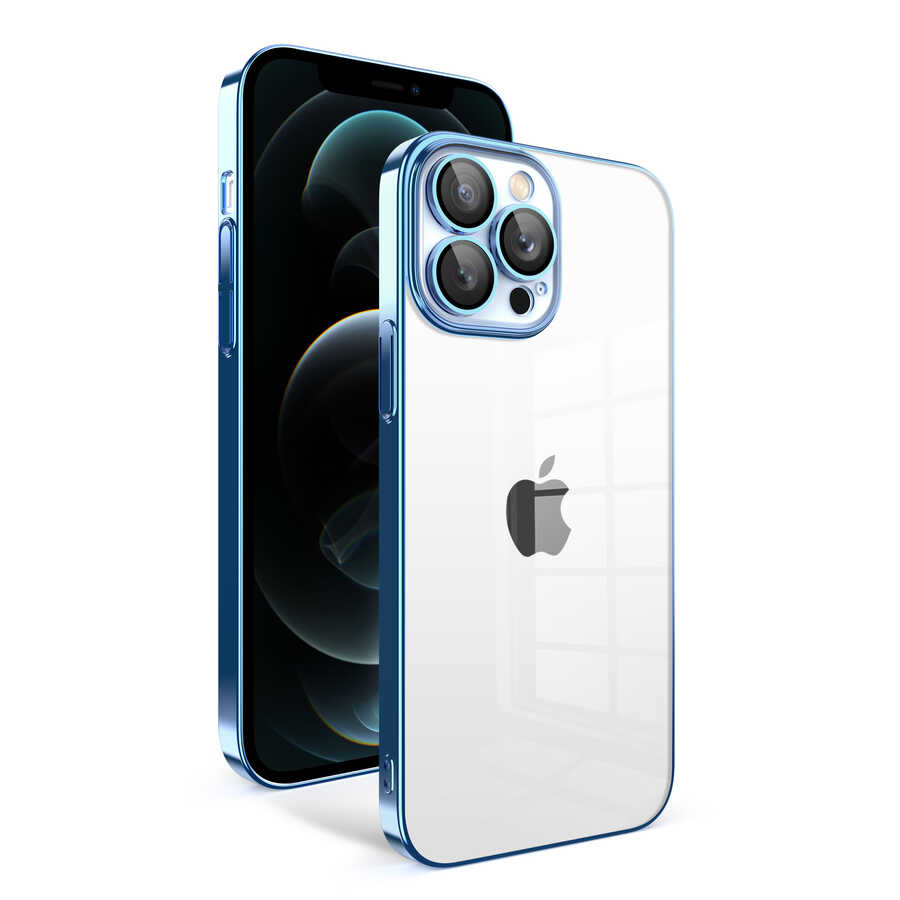 iPhone Uyumlu 12 Pro Max Kılıf Kamera Korumalı Renkli Çerçeveli Zore Garaj Kapak-Mavi açık