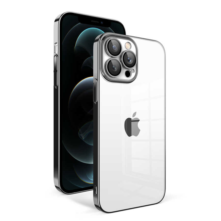iPhone Uyumlu 12 Pro Max Kılıf Kamera Korumalı Renkli Çerçeveli Zore Garaj Kapak-Siyah