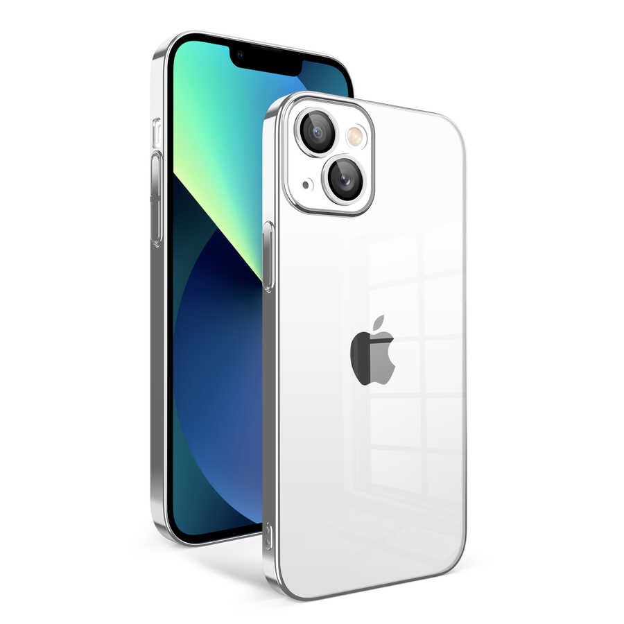 iPhone Uyumlu 13 Kılıf Kamera Korumalı Renkli Çerçeveli Zore Garaj Kapak-Gümüş