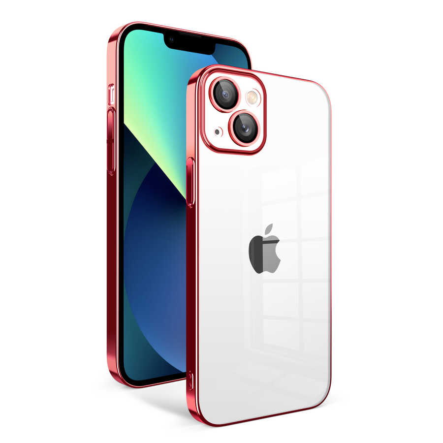 iPhone Uyumlu 13 Kılıf Kamera Korumalı Renkli Çerçeveli Zore Garaj Kapak-Kırmızı