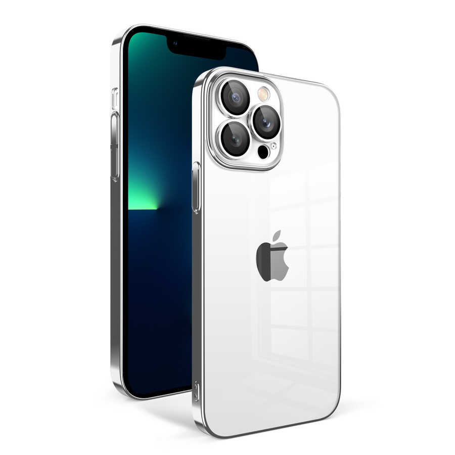 iPhone Uyumlu 13 Pro Max Kılıf Kamera Korumalı Renkli Çerçeveli Zore Garaj Kapak-Gümüş