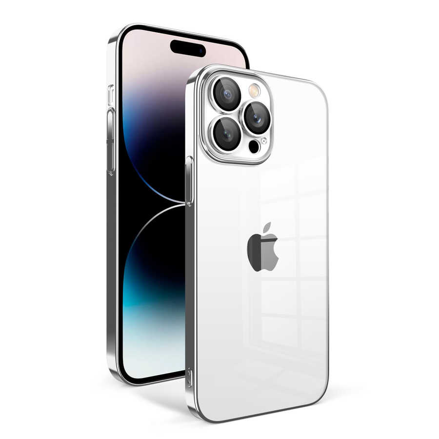 iPhone Uyumlu 14 Pro Kılıf Kamera Korumalı Renkli Çerçeveli Zore Garaj Kapak-Gümüş