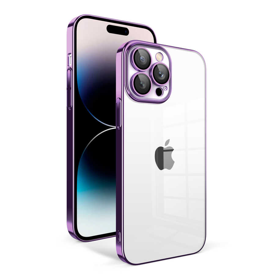 iPhone Uyumlu 14 Pro Kılıf Kamera Korumalı Renkli Çerçeveli Zore Garaj Kapak-Koyu mor