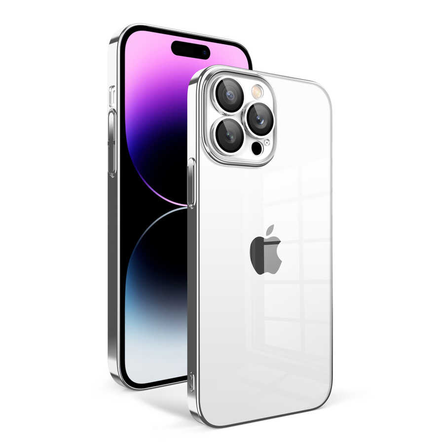 iPhone Uyumlu 14 Pro Max Kılıf Kamera Korumalı Renkli Çerçeveli Zore Garaj Kapak-Gümüş