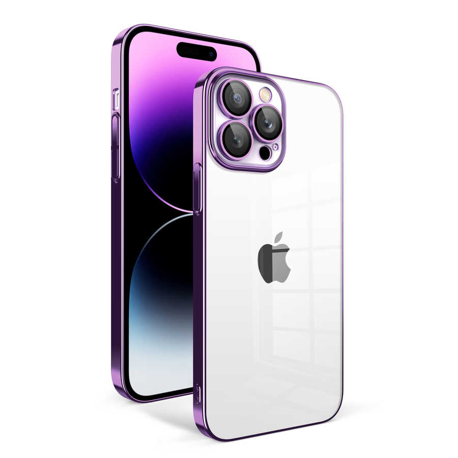 iPhone Uyumlu 14 Pro Max Kılıf Kamera Korumalı Renkli Çerçeveli Zore Garaj Kapak-Koyu mor
