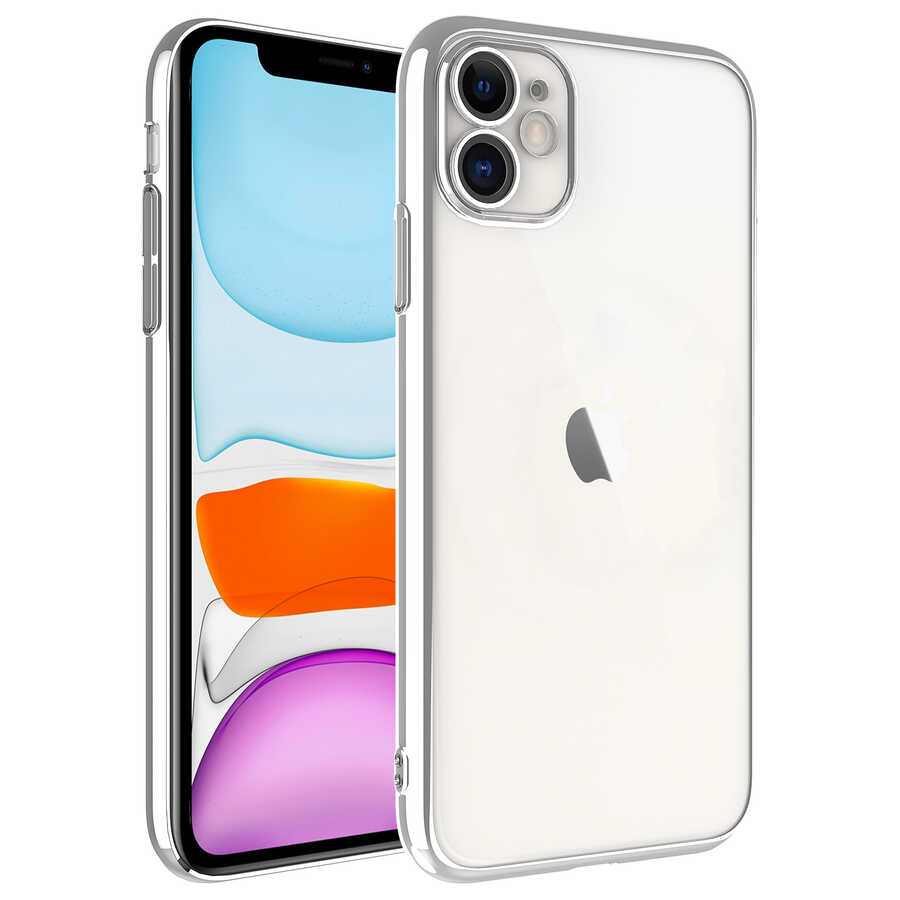 iPhone Uyumlu 11 Kılıf Sert PC Renkli Çerçeveli Zore Riksos Kapak-Gümüş