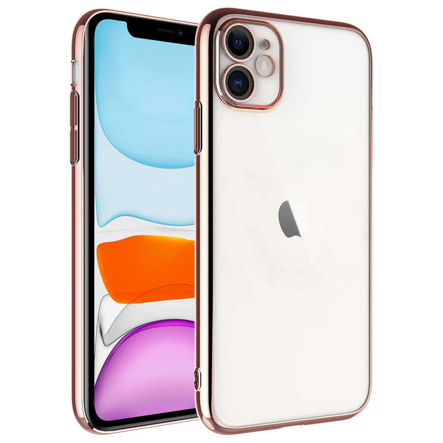 iPhone Uyumlu 11 Kılıf Sert PC Renkli Çerçeveli Zore Riksos Kapak-Rose gold