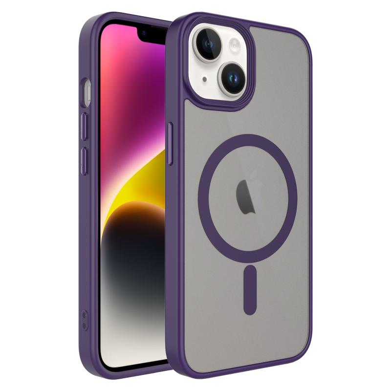 iPhone Uyumlu 14 Plus Kılıf Mat Arka Yüzey Wireless Şarj Özellikli Zore Flet M-safe Kapak-Derin mor