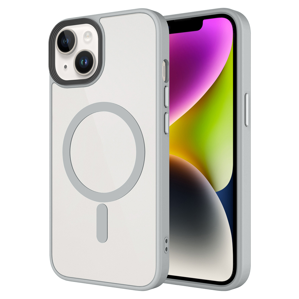 iPhone Uyumlu 14 Plus Kılıf Mat Arka Yüzey Wireless Şarj Özellikli Zore Flet M-safe Kapak-Gri