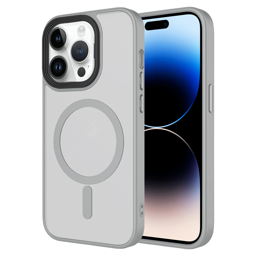 iPhone Uyumlu 14 Pro Kılıf Mat Arka Yüzey Wireless Şarj Özellikli Zore Flet M-safe Kapak-Gri