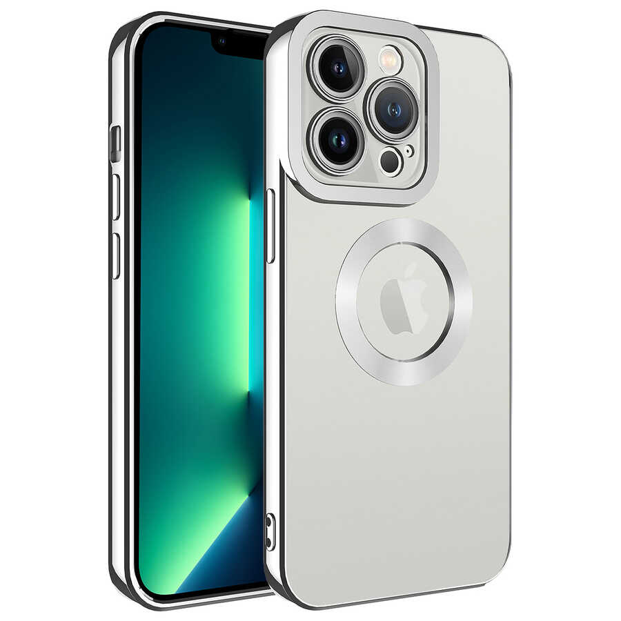 iPhone Uyumlu 11 Pro Max Kılıf Kamera Korumalı Logo Gösteren Zore Omega Kapak-Gümüş