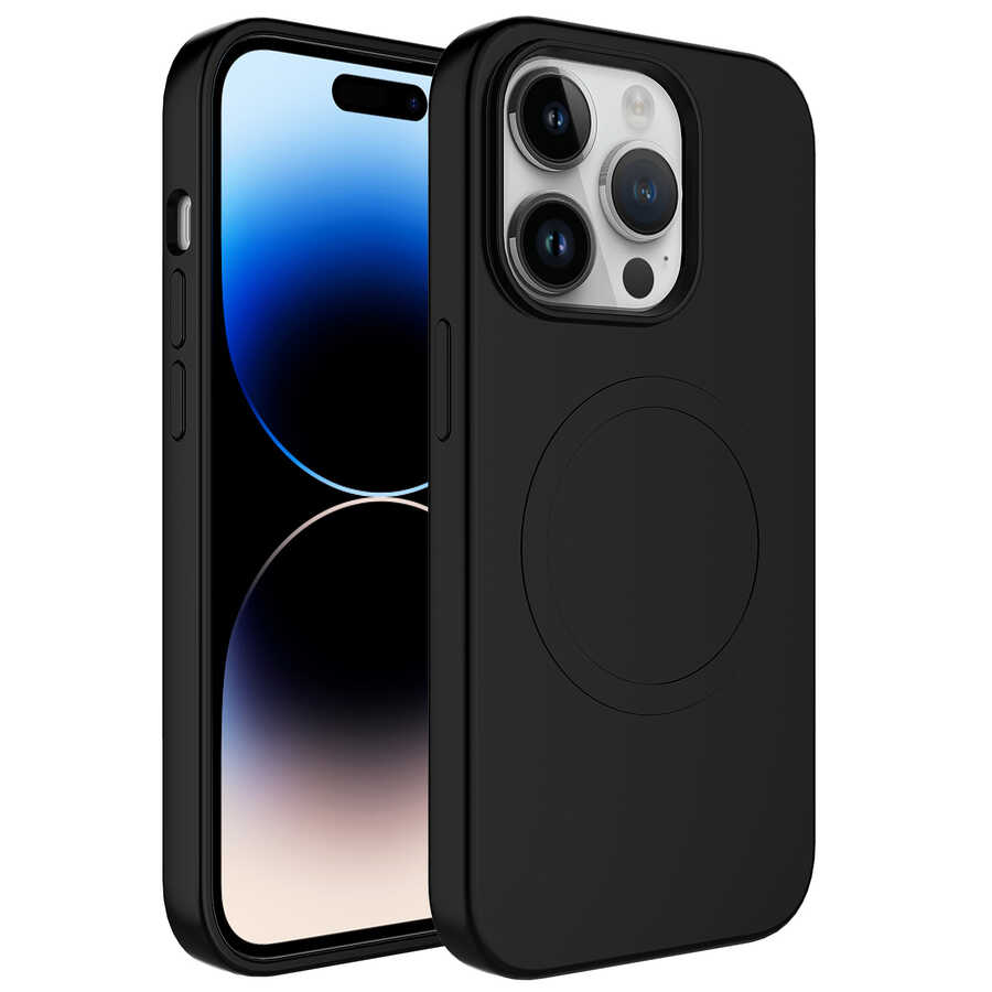 iPhone Uyumlu 12 Pro Max Kılıf M-safe Wireless Şarj Özellikli Pastel Renk Silikon Zore Plas Kapak-Siyah