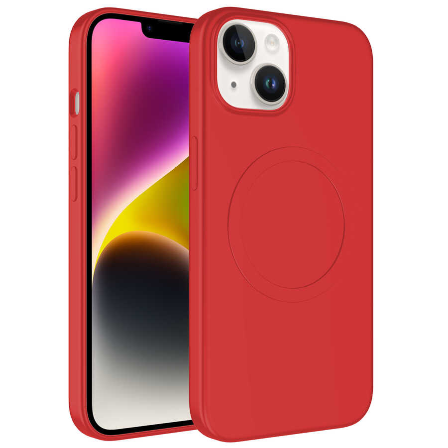 iPhone Uyumlu 13 Kılıf M-safe Wireless Şarj Özellikli Pastel Renk Silikon Zore Plas Kapak-Kırmızı