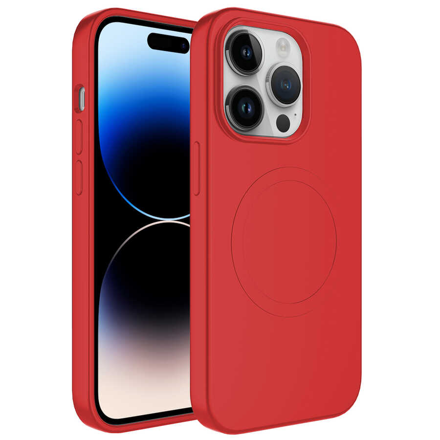 iPhone Uyumlu 13 Pro Kılıf M-safe Wireless Şarj Özellikli Pastel Renk Silikon Zore Plas Kapak-Kırmızı
