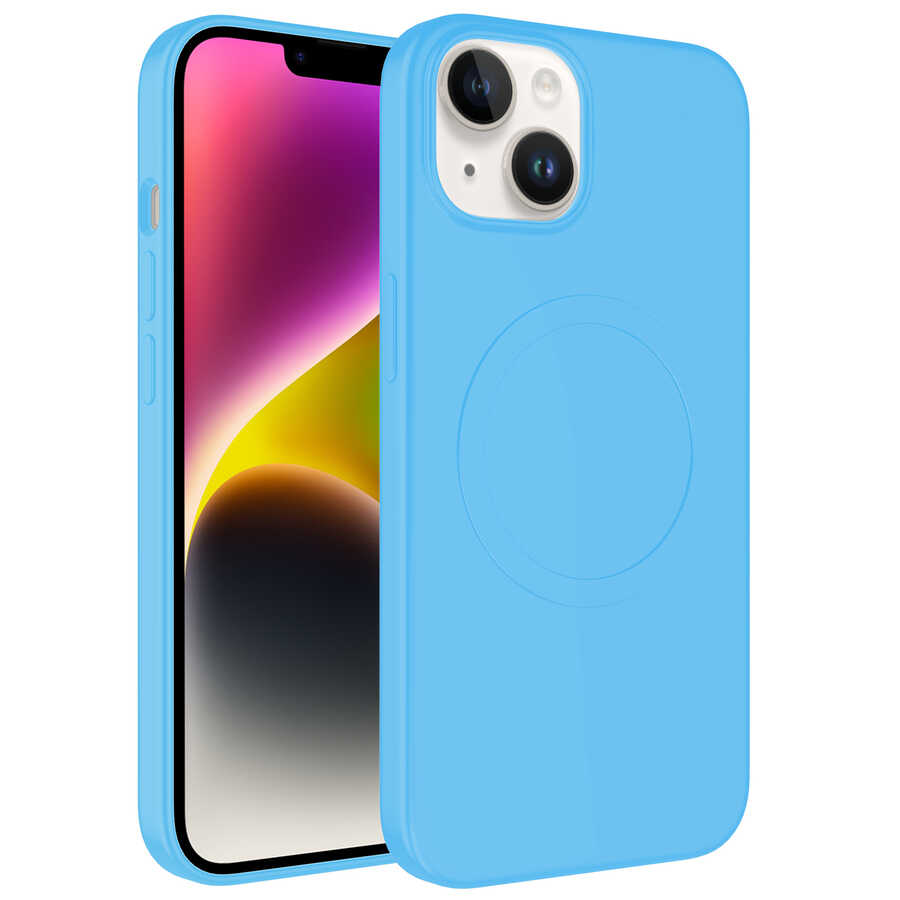 iPhone Uyumlu 14 Plus Kılıf M-safe Wireless Şarj Özellikli Pastel Renk Silikon Zore Plas Kapak-Mavi açık
