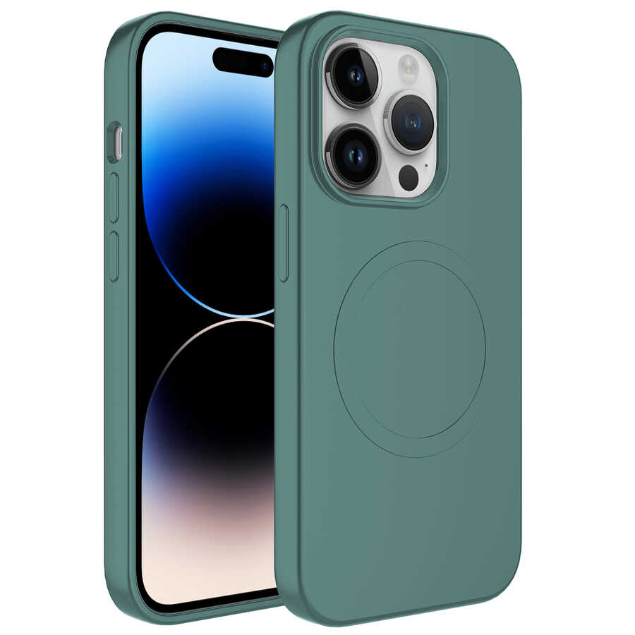 iPhone Uyumlu 14 Pro Max Kılıf M-safe Wireless Şarj Özellikli Pastel Renk Silikon Zore Plas Kapak-Koyu yeşil