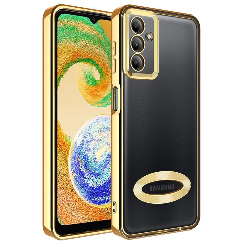 Galaxy Uyumlu A04S Kılıf Kamera Korumalı Logo Gösteren Zore Omega Kapak-Gold