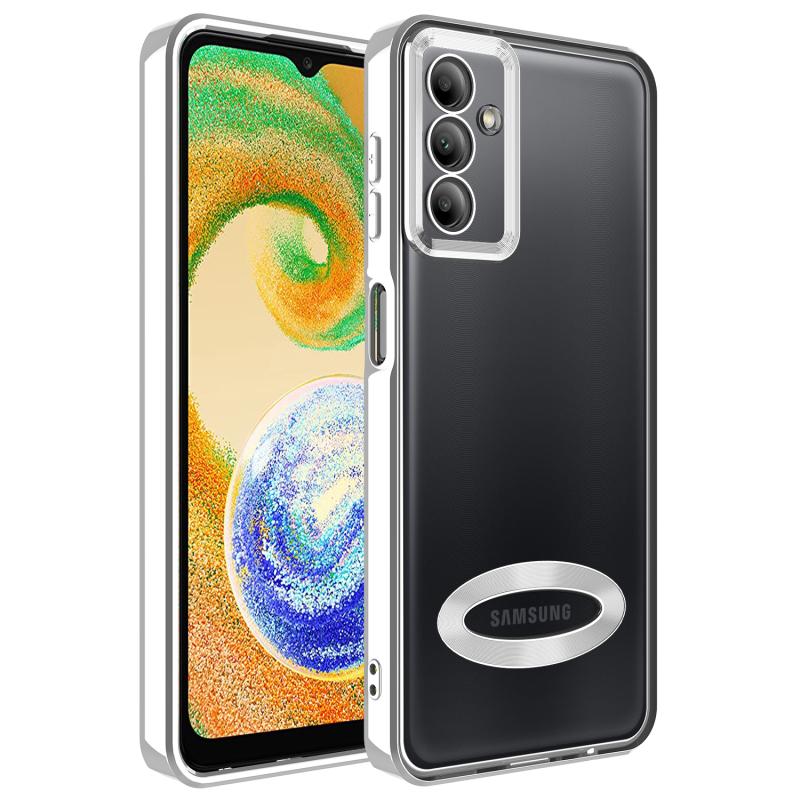 Galaxy Uyumlu A04S Kılıf Kamera Korumalı Logo Gösteren Zore Omega Kapak-Gümüş