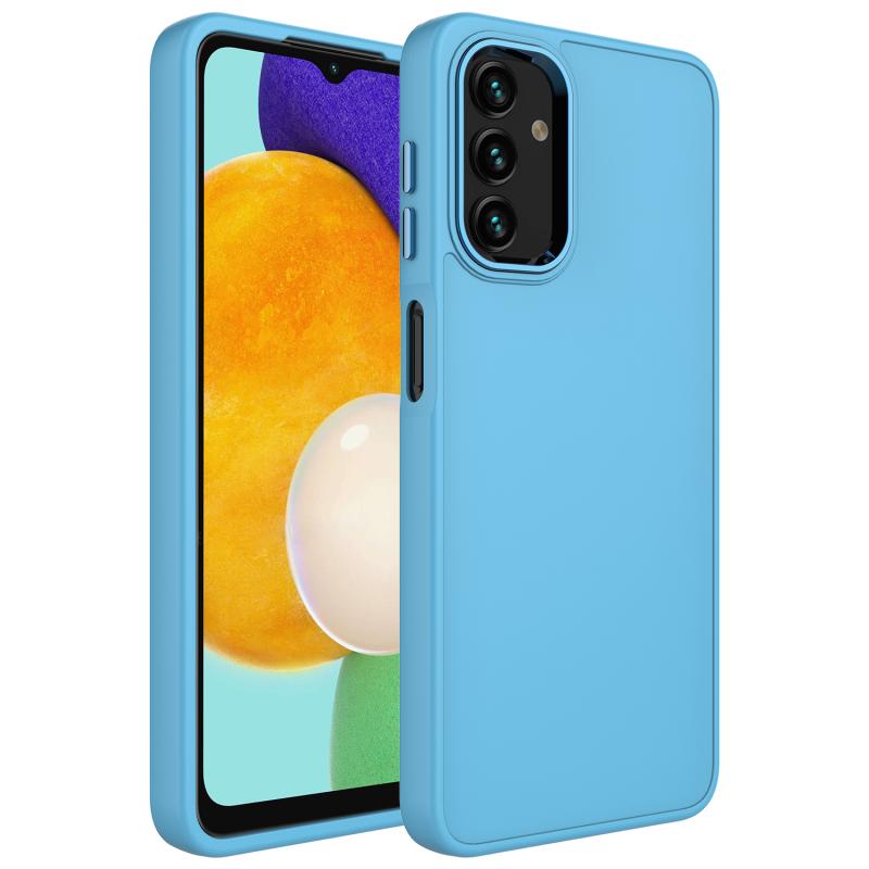 Galaxy Uyumlu A04 Kılıf Metal Çerçeve ve Buton Tasarımlı Silikon Zore Luna Kapak-Sierra mavi
